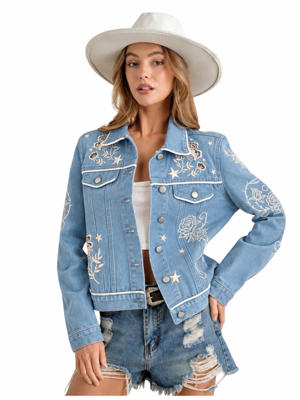 NEW Blue b Silver White Embroidered Star Floral Flower Bird Star Denim Jacket